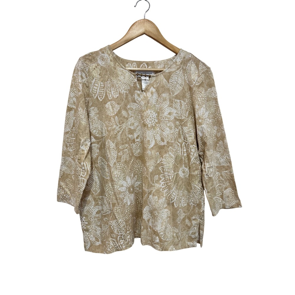 Alfred Dunner Tan Gold Floral Metallic Bead Accent Split Neck Top Medium